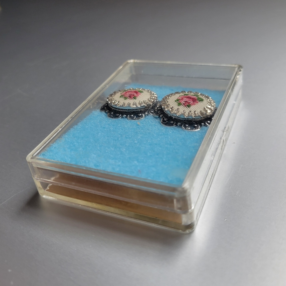 Vintage Petit Point Floral Embroidery Clip-on Earrings, Austria